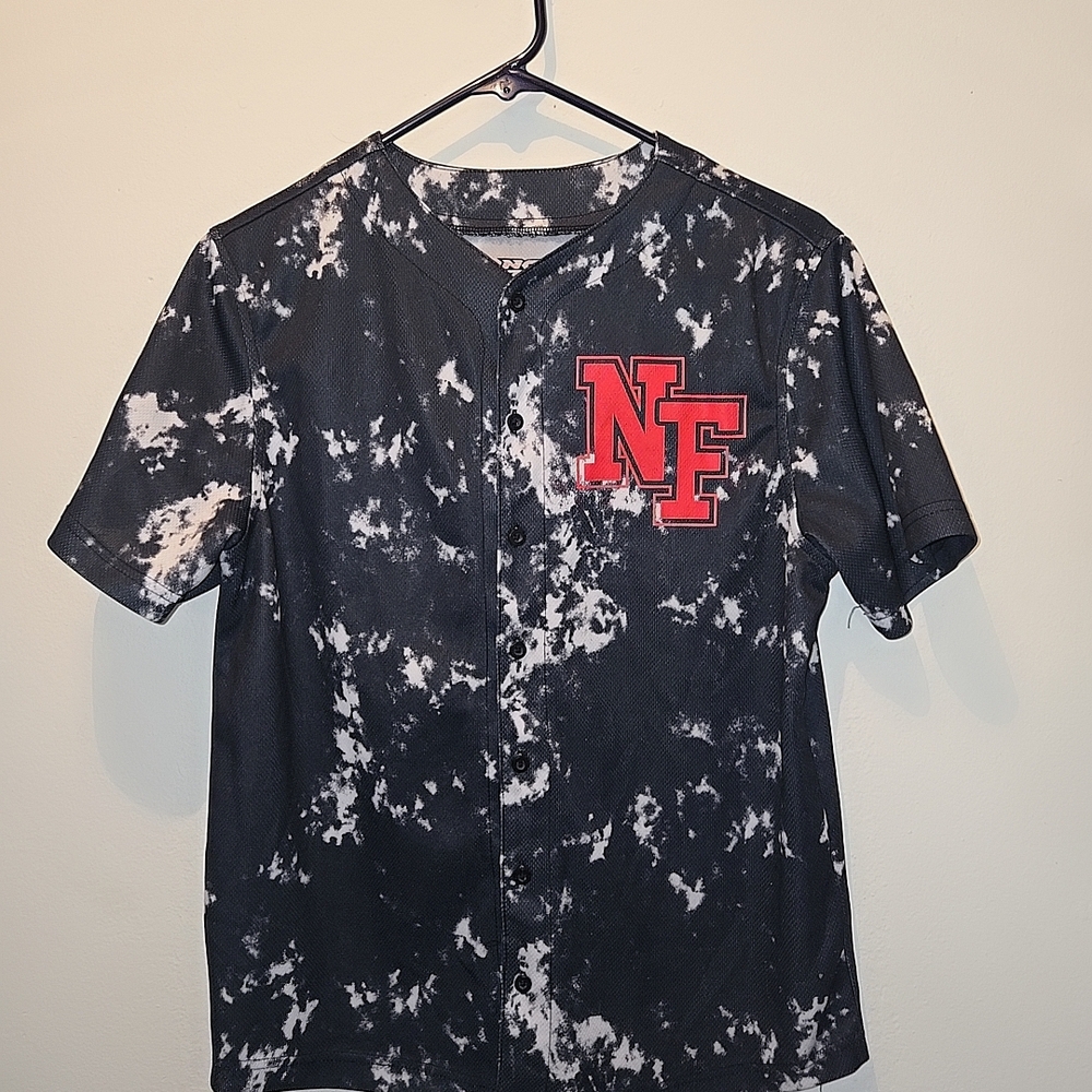 Black and White Tie-Dye Button-Up Shirt with Red NF Logo